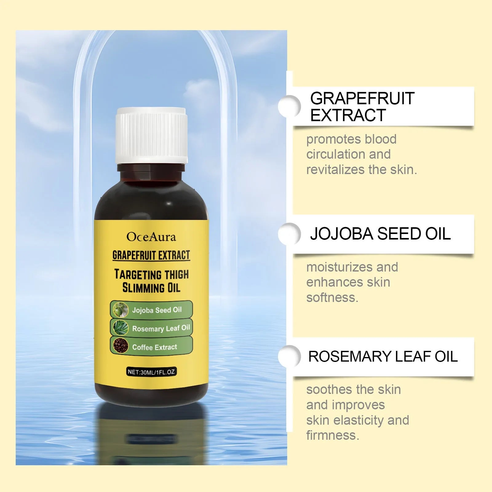 30ml bottle of body treatment oil with grapefruit extract, jojoba and rosemary oils