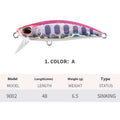 Tossing Japanese 48mm submerged minnow fishing lure in assorted colours for mandarin fish and snakehead.