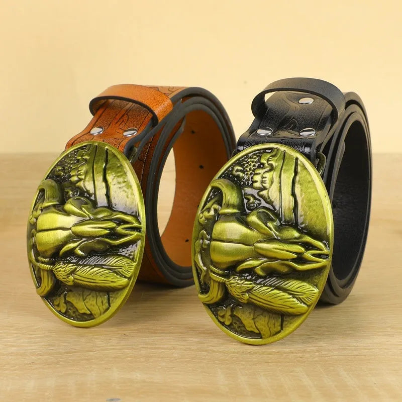 Men's brown imitation leather belt with a detailed silver alloy cow head buckle and pin fastener.