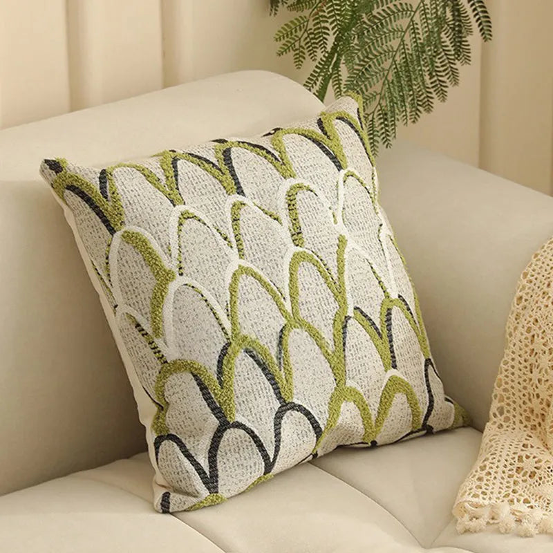 45cm square jacquard woven cushion cover with embroidered floral pattern in retro Nordic style