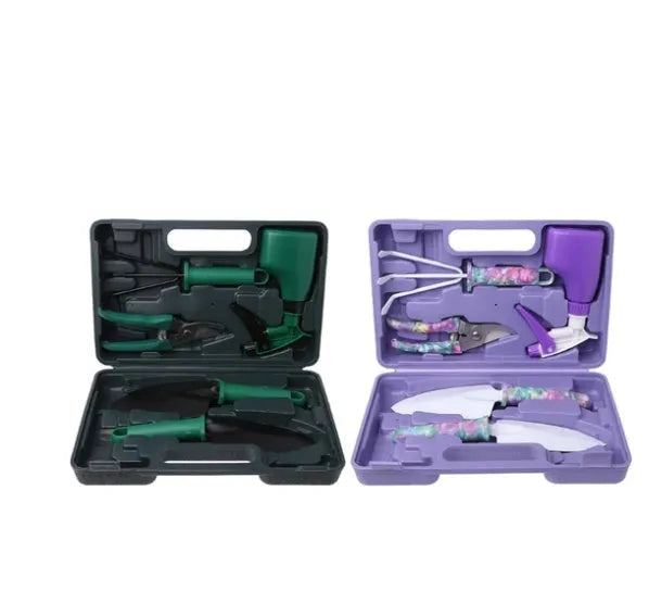 Camouflage garden tool set with two shovels, rake, scissor, kettle, and spray bottle in a green plastic case