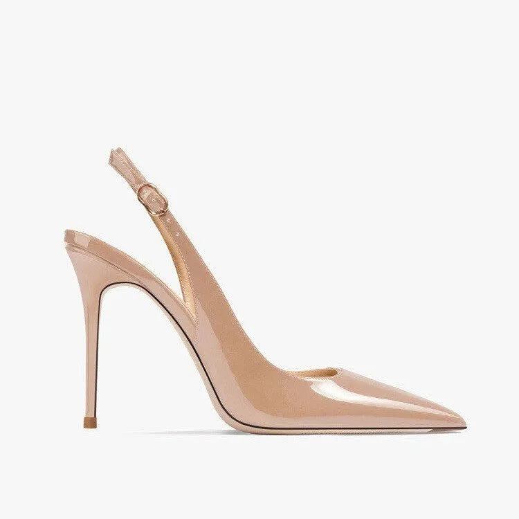 Nude women's high heels with hollow ankle-strap and button fastening.