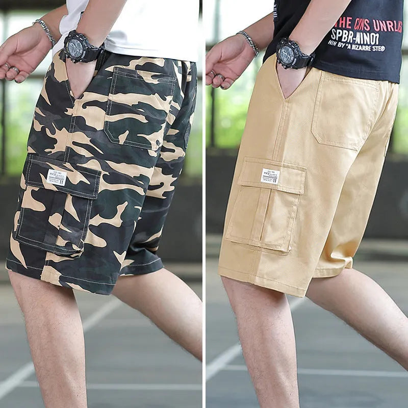 Man modelling loose fit khaki casual trousers with a giraffe pattern gradient detail.