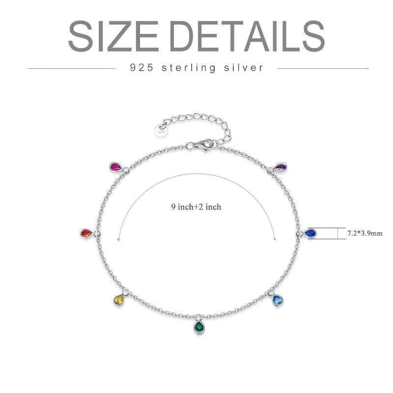 Sterling silver anklet with rainbow oval crystal stones on white gold plated 1.2mm cable chain
