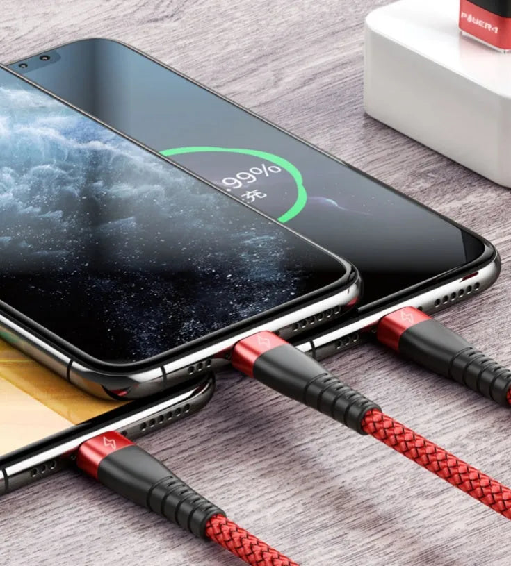 Three-in-one charging cable in black with Apple, Android, and Type-C connectors on a plain background