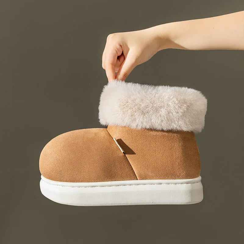 Women's plush winter snow boots with thick EVA sole, round toe, 3cm heel, in beige, green, khaki, pink, red