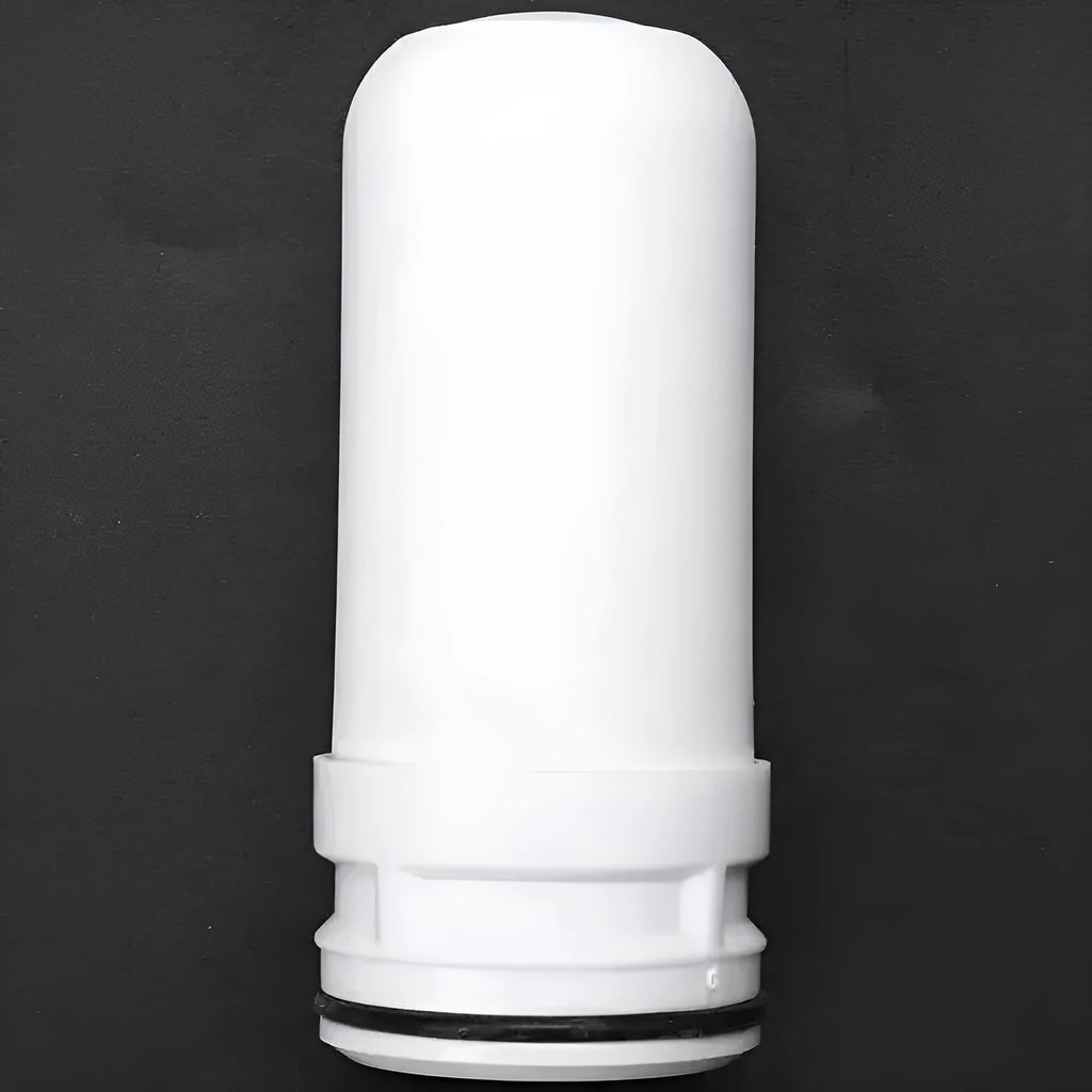 White cylindrical diatom ceramic water filter element measuring 43mm by 100mm.