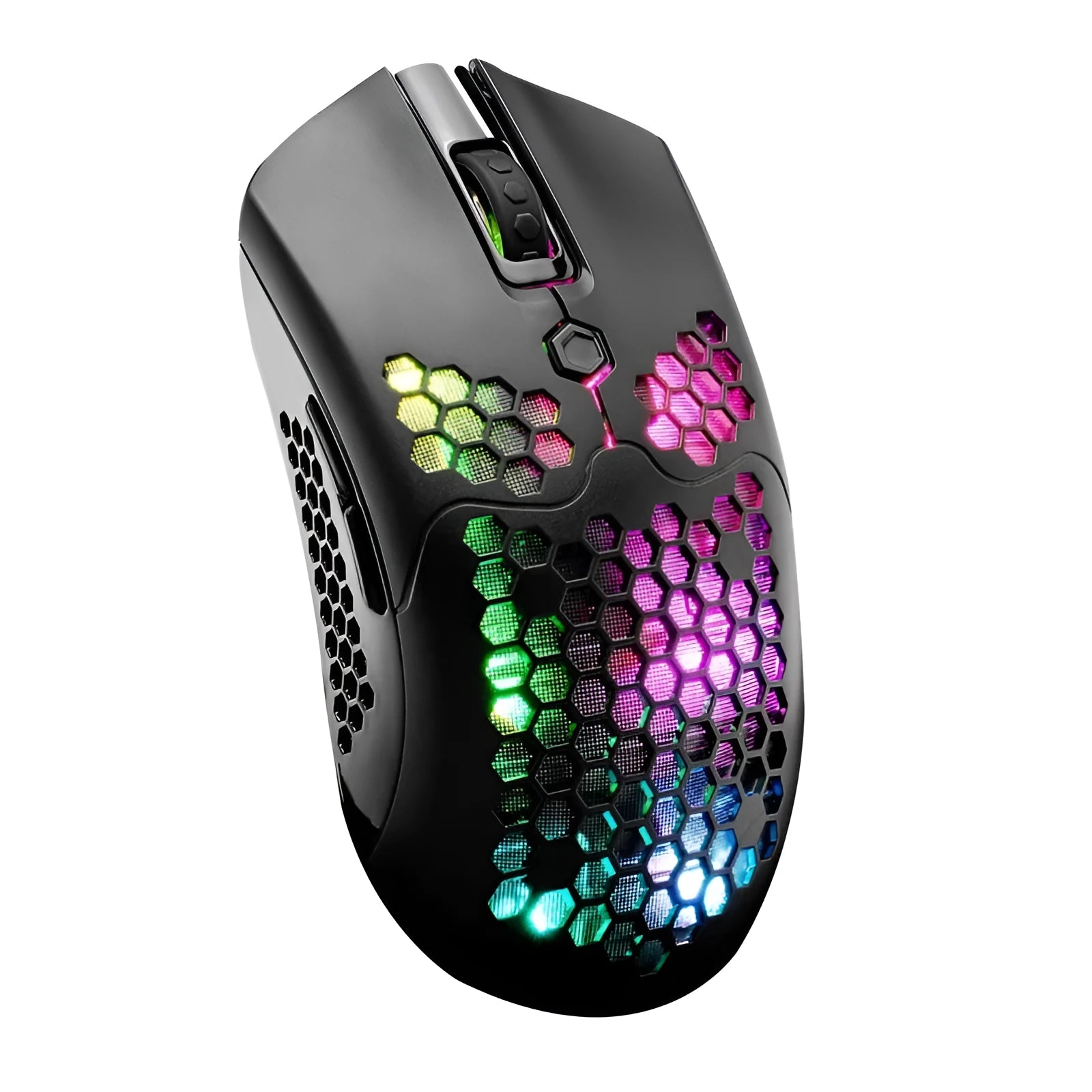Free Wolf X2 wireless gaming mouse in black with RGB lighting, shown on a mouse mat