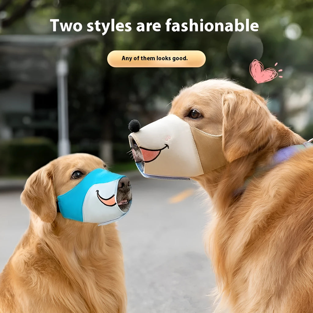 Adjustable canvas dog muzzle in Ollie Brown Bear design on a dog, showing three-strap fit.