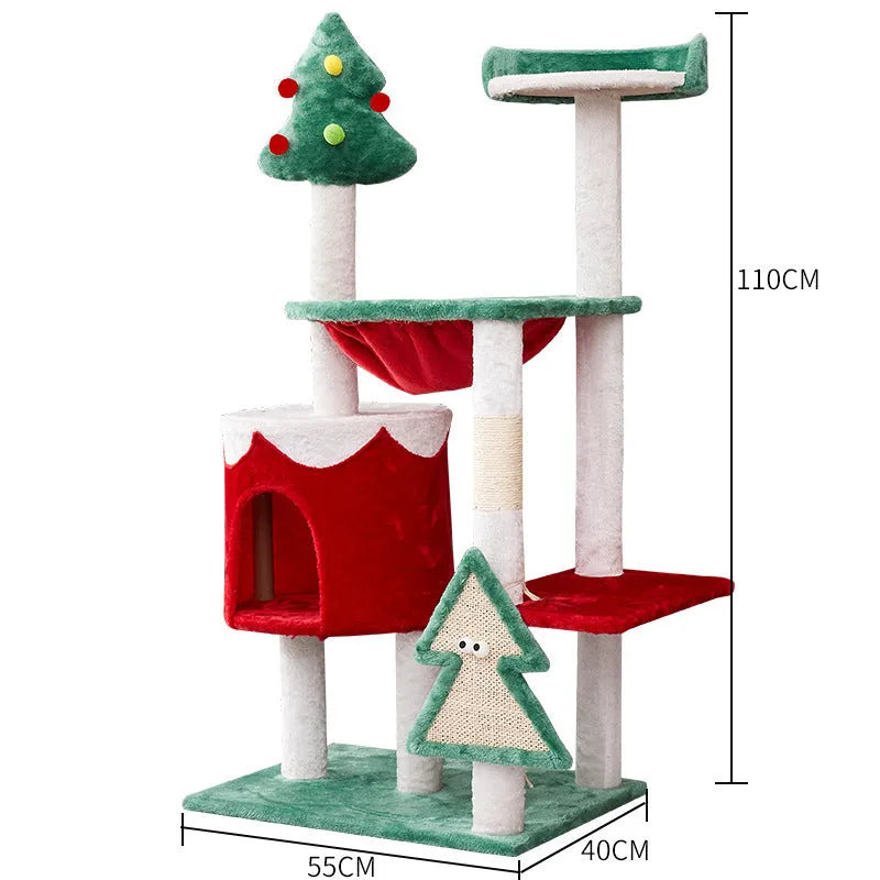 Cat scratching post integrated toy in Christmas colours with density board construction