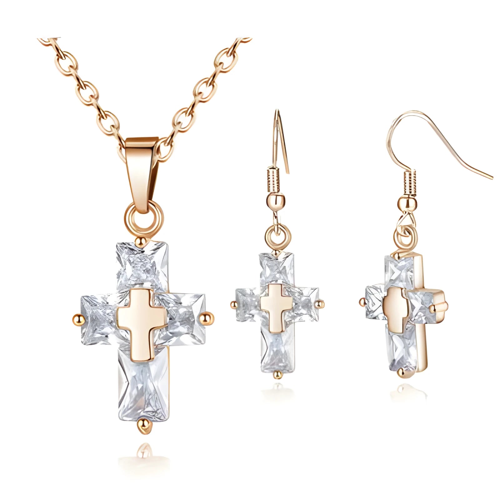 Gold cross pendant and matching stud earrings set on a light background showing compact 1.2 x 2.2 cm pendant and 3.3 x 1.2 cm studs