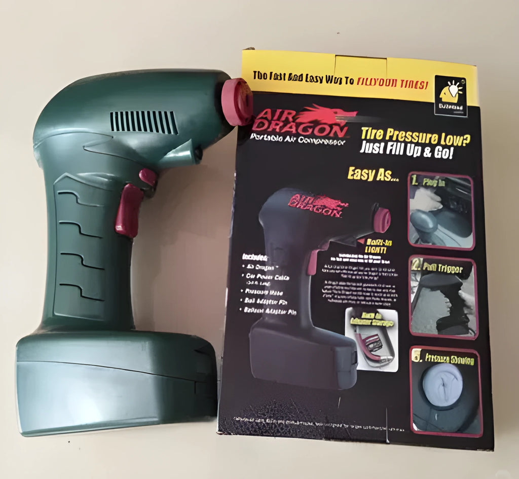 Portable car tyre inflator with digital gauge and LED light on 12V power cable