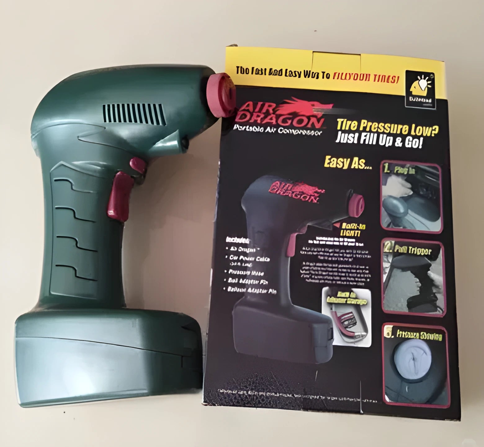 Portable car tyre inflator with digital gauge and LED light on 12V power cable