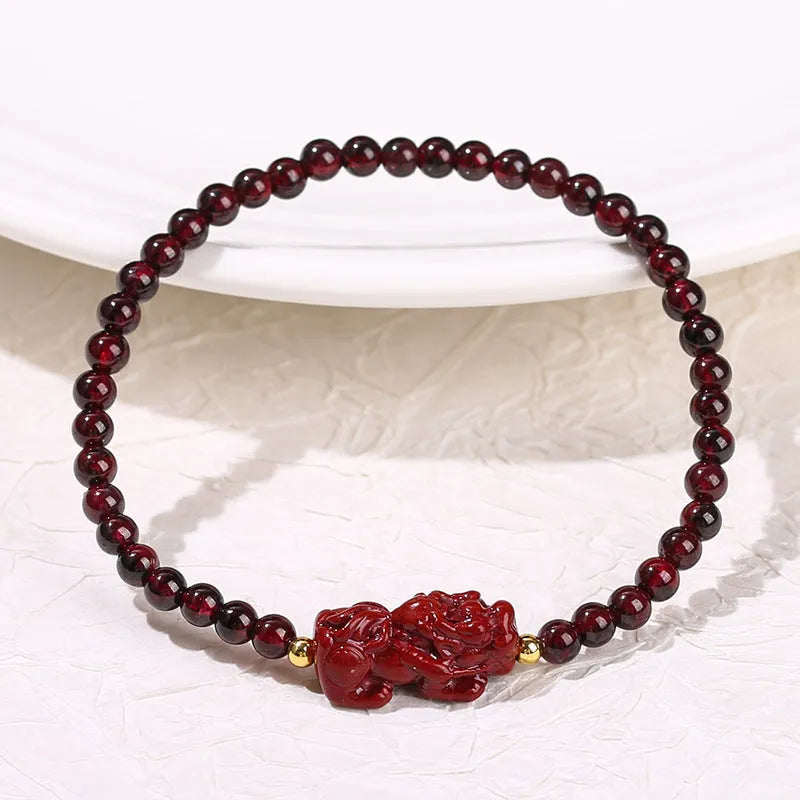 Natural garnet square bracelet with geometric design and pixiu charm detail
