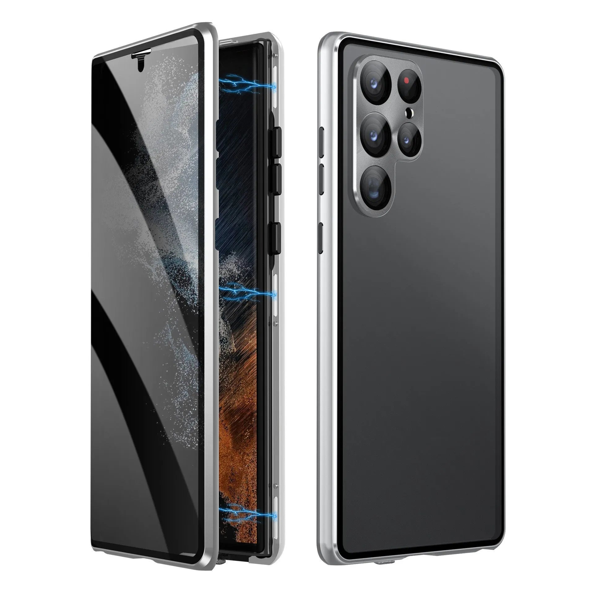 Metal phone case for Samsung S21 S22 series in black with anti-peep magnetic screen and stamped metal finish
