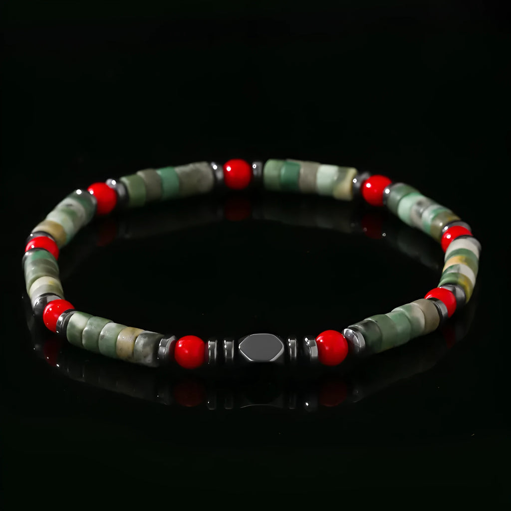 Bohemian style men's bracelet with cylindrical semi-precious stone beads on a hand-woven string.