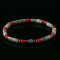 Bohemian style men's bracelet with cylindrical semi-precious stone beads on a hand-woven string.