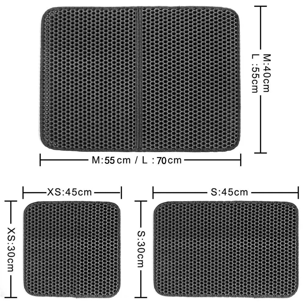 Black waterproof EVA cat litter mat with honeycomb surface for trapping litter, shown next to a litter box.