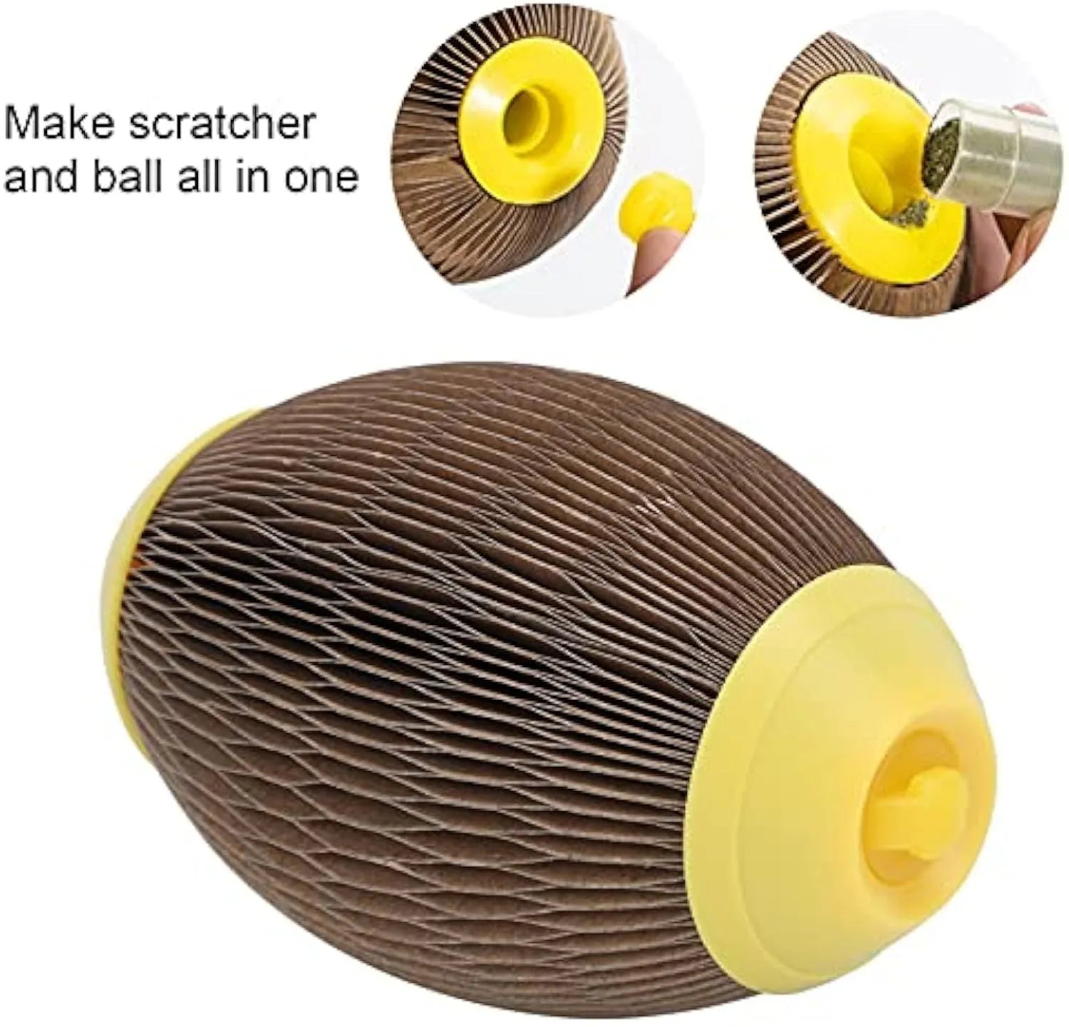 Elliptical corrugated paper catnip ball toy for scratching and play.