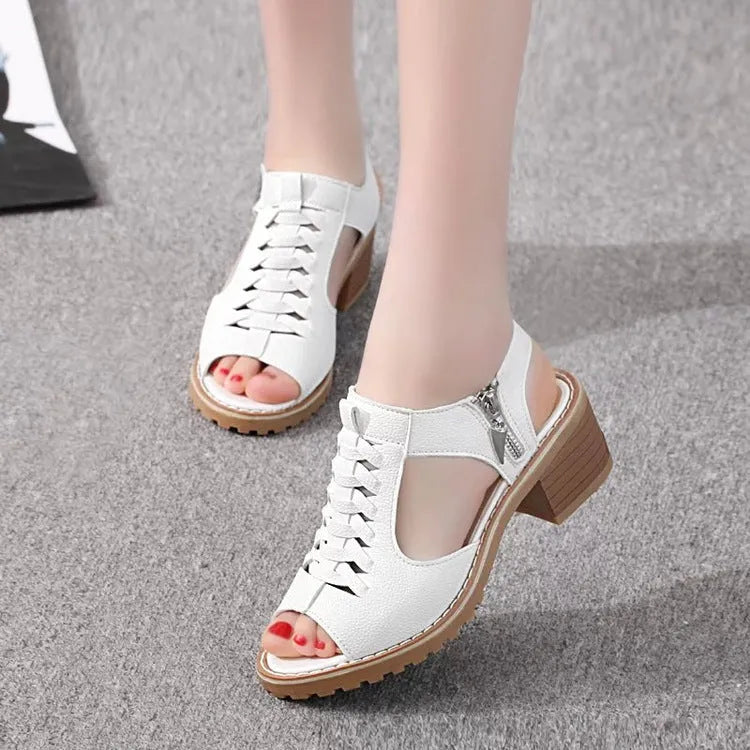 Women's retro sandals with side zipper in black, creamy white and white colours showing 3-5cm mid-heel