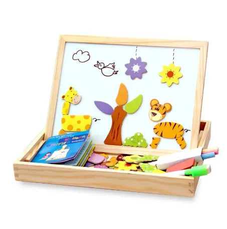 Wooden magnetic puzzle board with 100+ pieces including animal figures and drawing surface