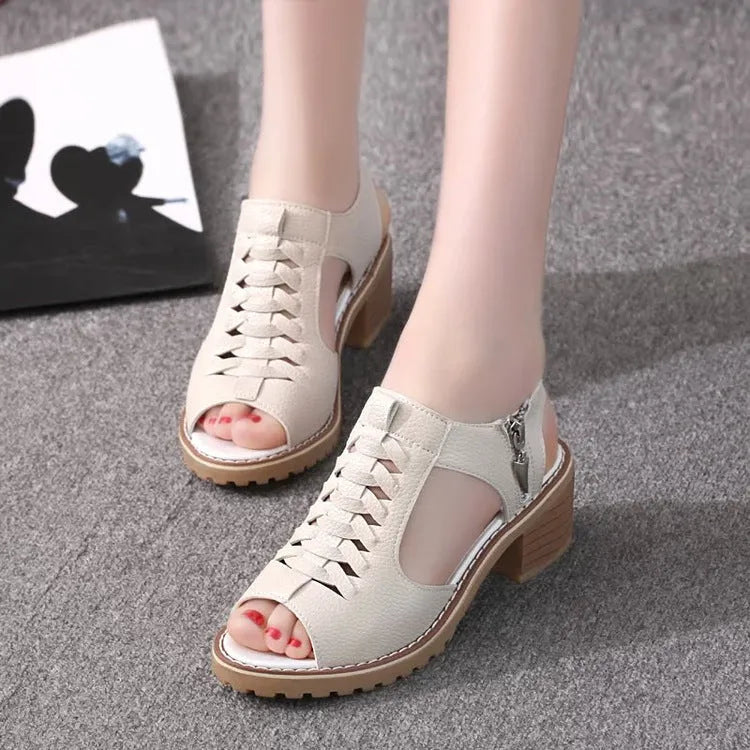 Women's retro sandals with side zipper in black, creamy white and white colours showing 3-5cm mid-heel