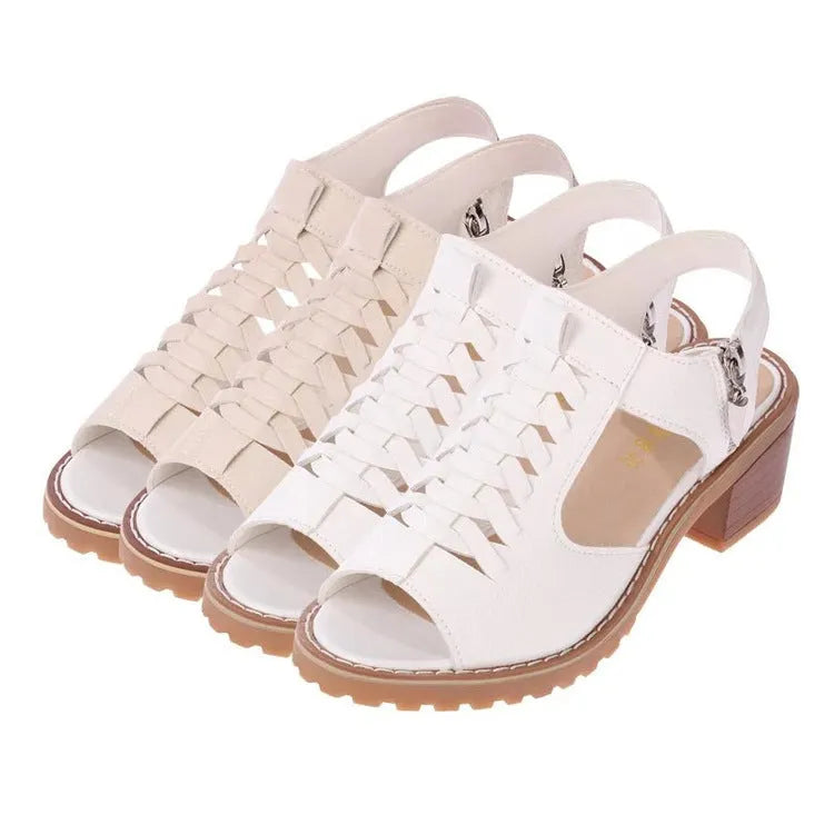 Women's retro sandals with side zipper in black, creamy white and white colours showing 3-5cm mid-heel