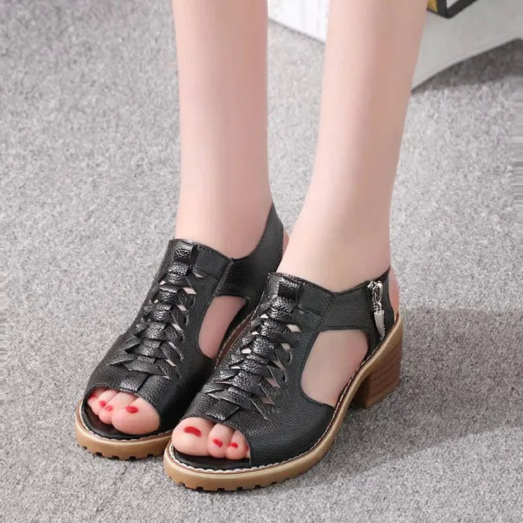 Women's retro sandals with side zipper in black, creamy white and white colours showing 3-5cm mid-heel