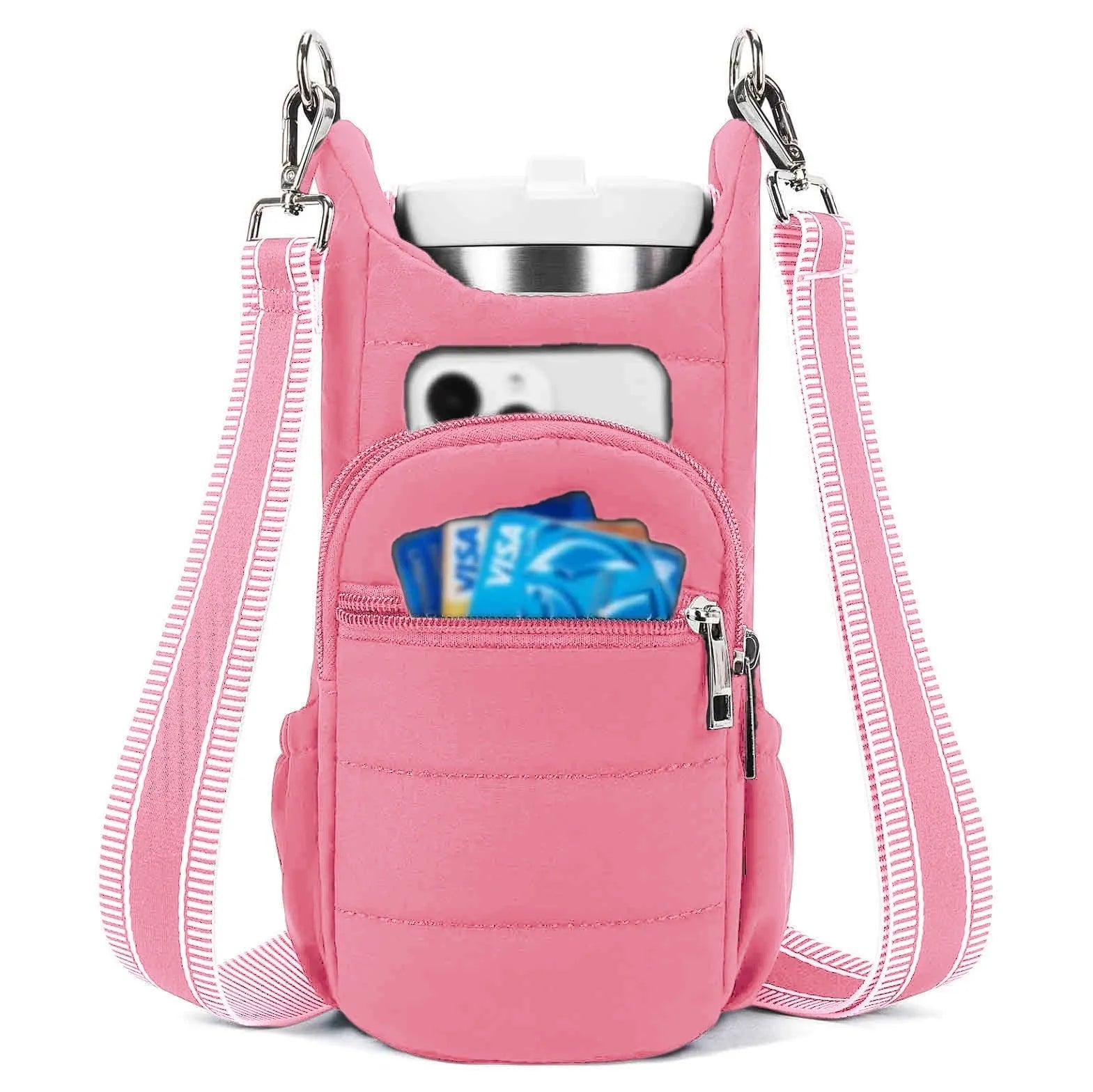 Cloth water bottle holder bag for bicycles in beige, black, and pink colour options.