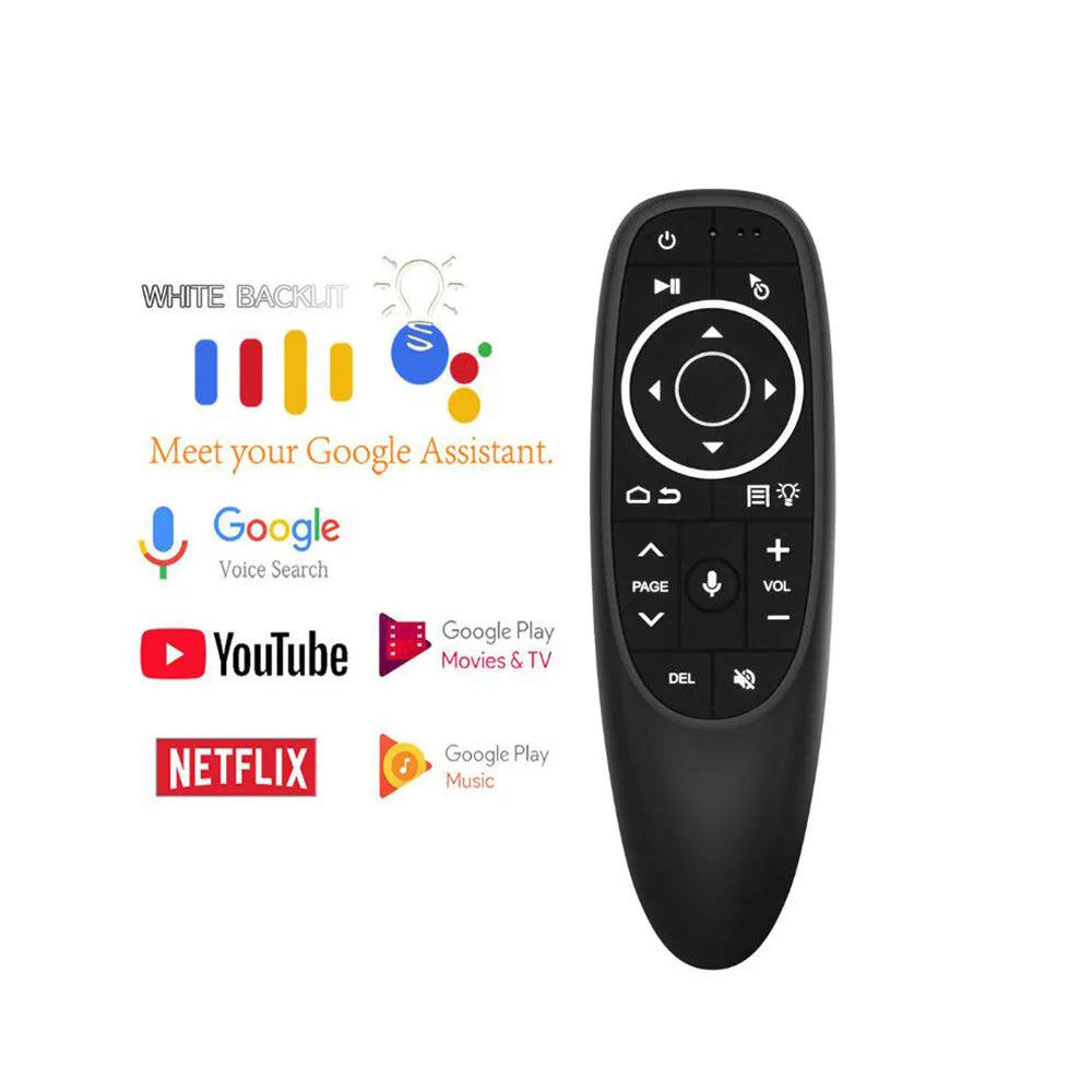 G10S Pro intelligent wireless remote control with silicone buttons, showing backlight and gyroscope for air mouse control.