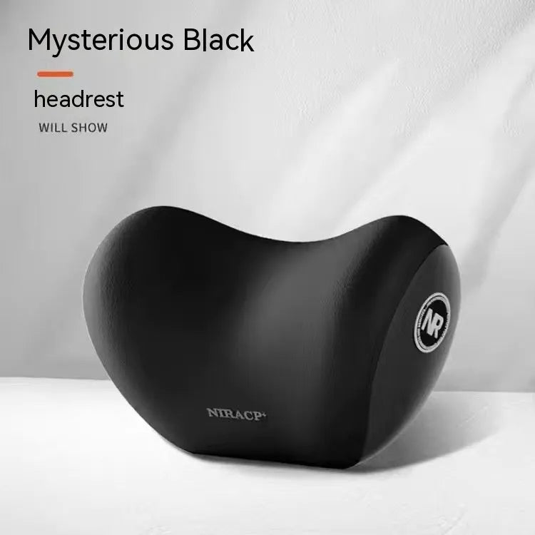 Black memory foam car headrest pillow and matching lumbar support pillow on a car seat.