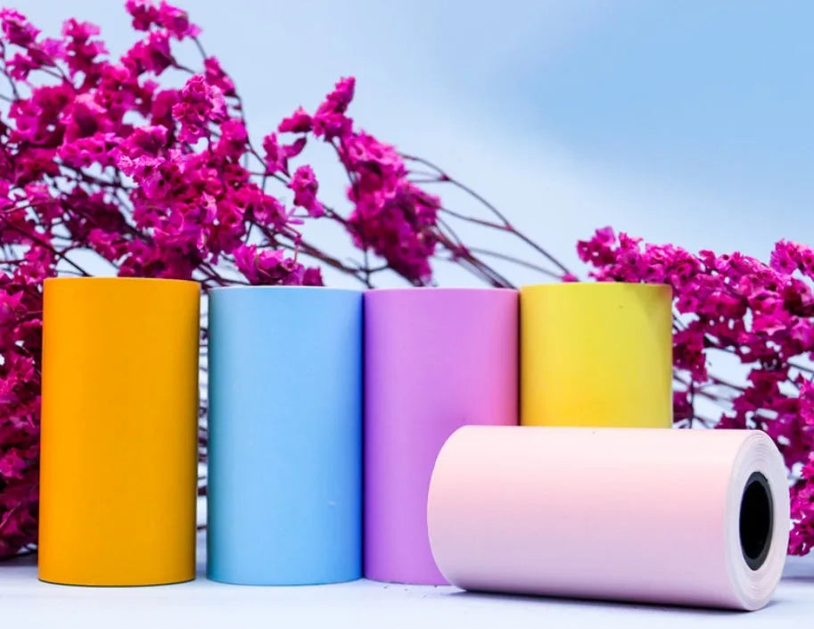 PerPage mini wireless portable thermal printer paper roll in multiple colours, showing label and sticker options