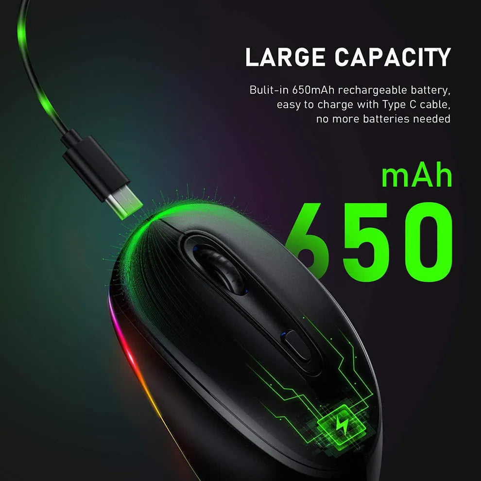 Compact 24g wireless mouse with USB charging cable on a desk.