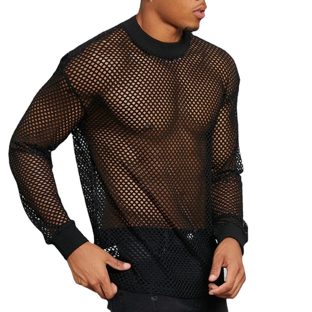 Black men's drop shoulder mesh shirt with long sleeves and loose fit casual design