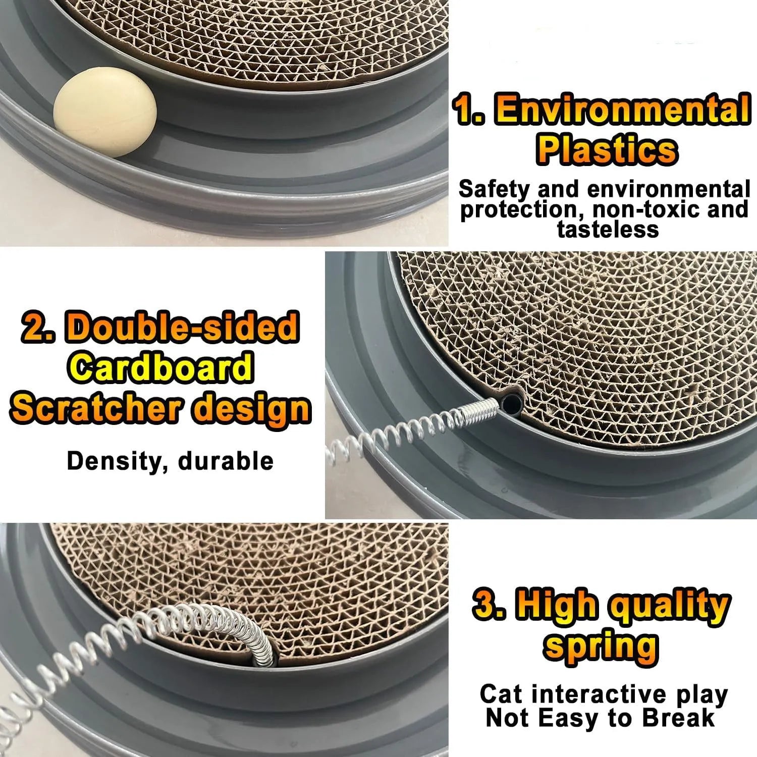 Blue cat scratcher toy with ball track, replaceable scratch pad, and mouse swatter on corrugated cardboard base