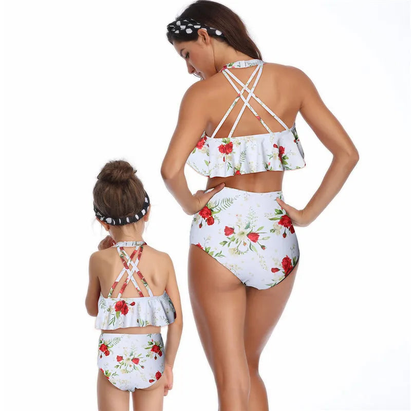 Baby girls women nylon swimsuit in flower orange red child adult sizes with chest pad