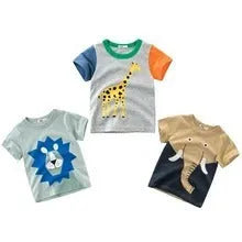 Boys' short sleeve cotton T-shirt with a printed green lion cartoon graphic.