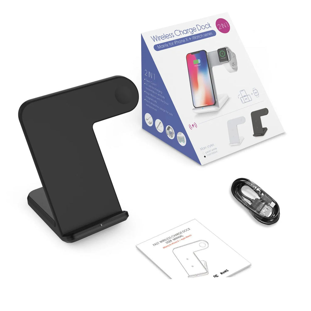 Black and white wireless phone charger with Type-C cable on a desk