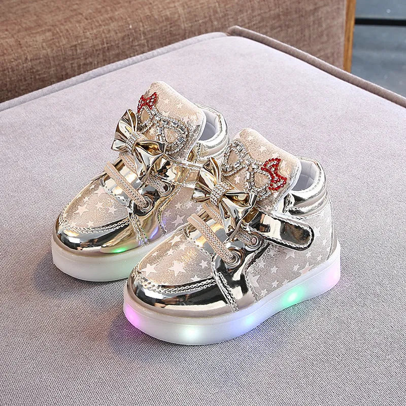 Golden, pink, and silvery LED button lights for children's shoes, sizes 21-30cm.