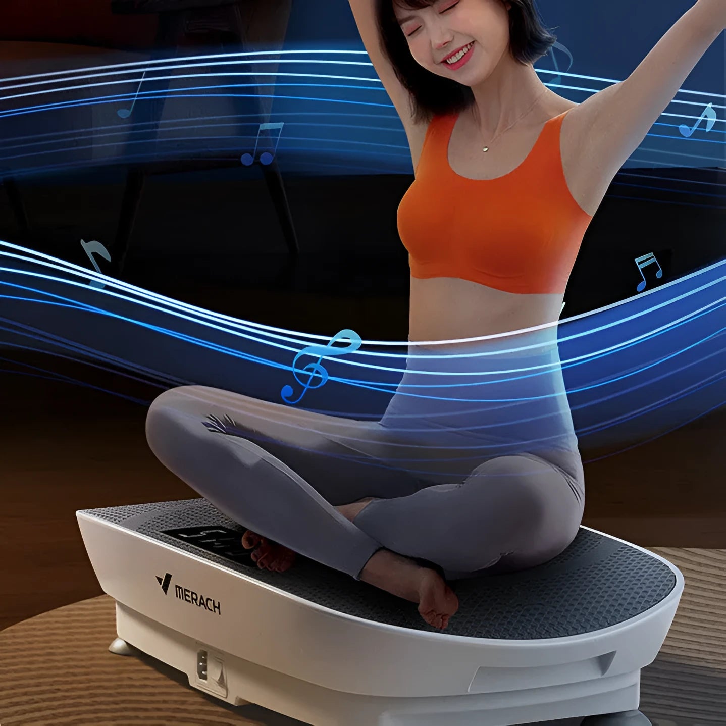 Grey smart power plate board with Bluetooth connectivity showing control panel and compact 58cm design for home fitness