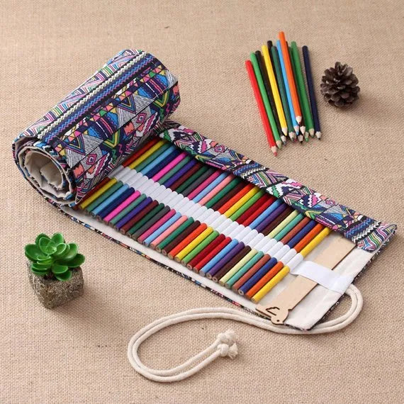 Canvas pencil wrap roll up case with elastic bands showing multiple slots for pens and pencils