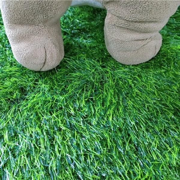 Green realistic dog grass pee training pad with waterproof backing, shown in small, medium, and large sizes.