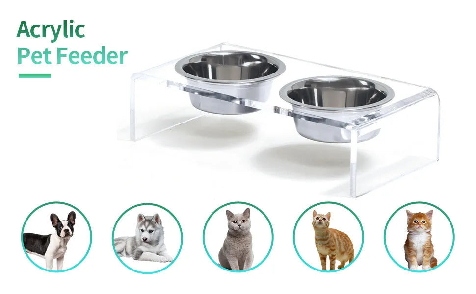 Transparent acrylic pet feeding rack for small cats and dogs with raised bowl platform, 39.5x18x10cm size