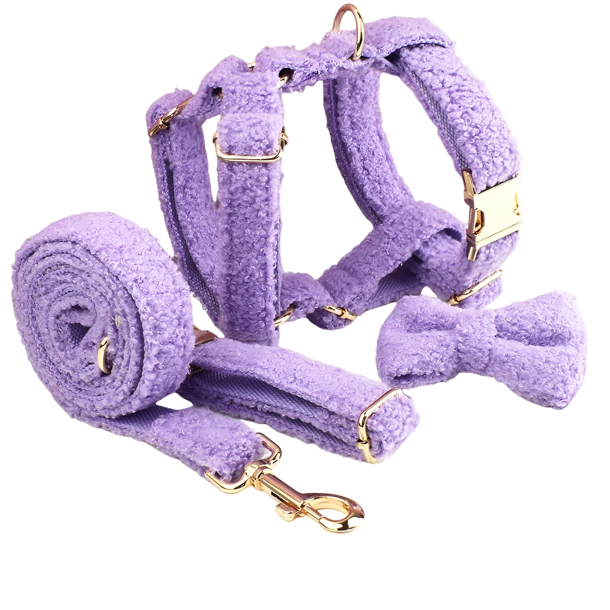 Purple cloth dog accessory set showing collar, leash, bow, and vest for small dogs
