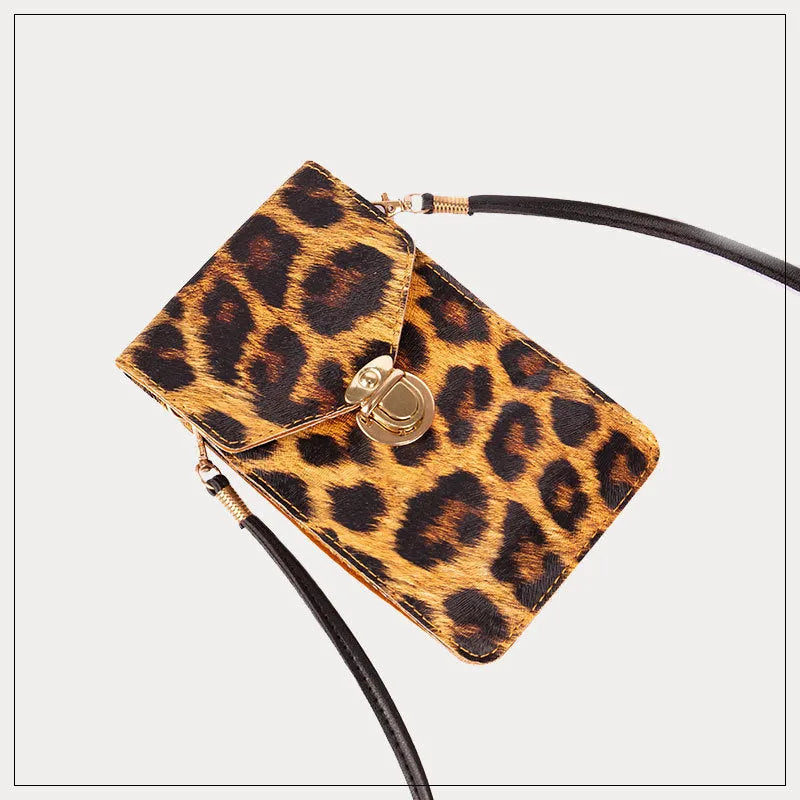 Retro leopard print PU leather phone bag for 5 inch smartphones with lock closure and crossbody strap