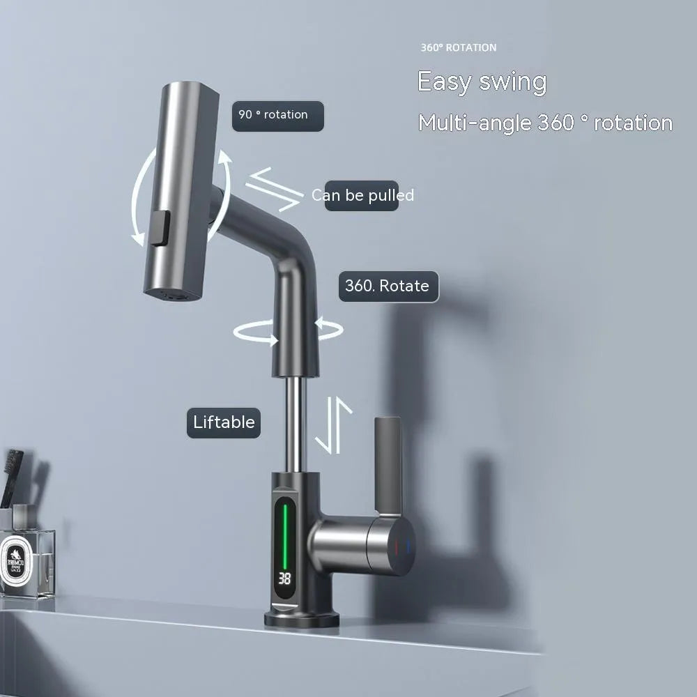 Digital display pull-out kitchen faucet with LED temperature readout and rotating waterfall spout