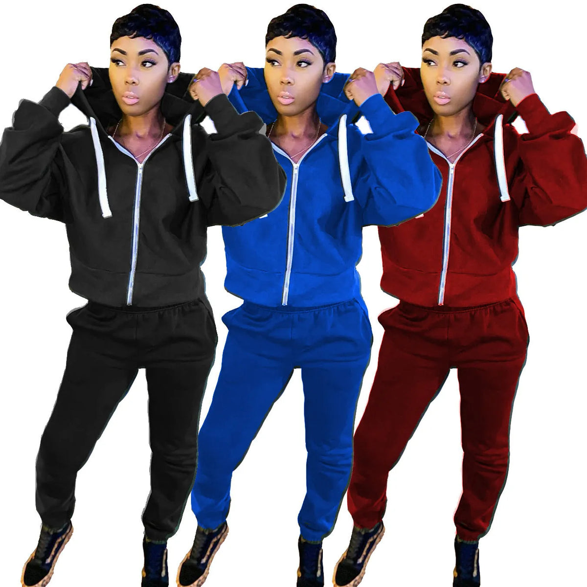 Women's casual two-piece suit with polar fleece pullover top and matching solid colour trousers