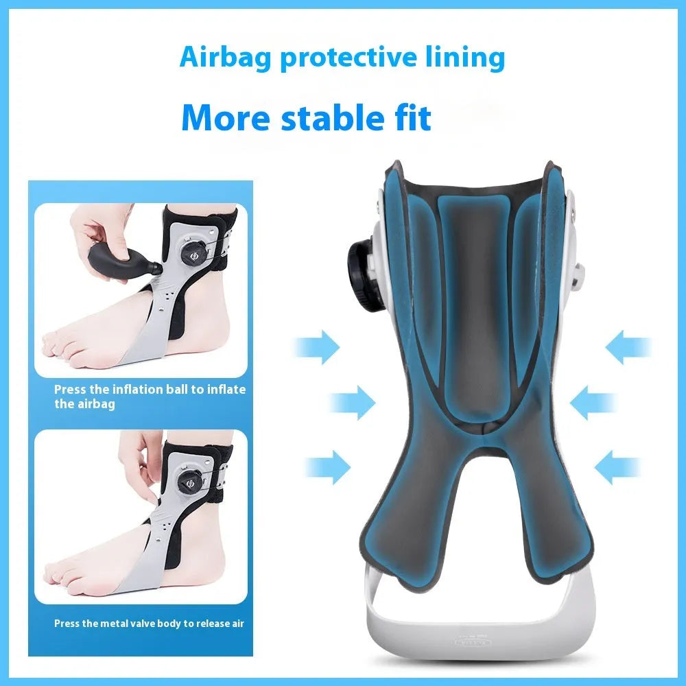 Grey ankle support brace with airbag button system showing adjustable straps and sizing options
