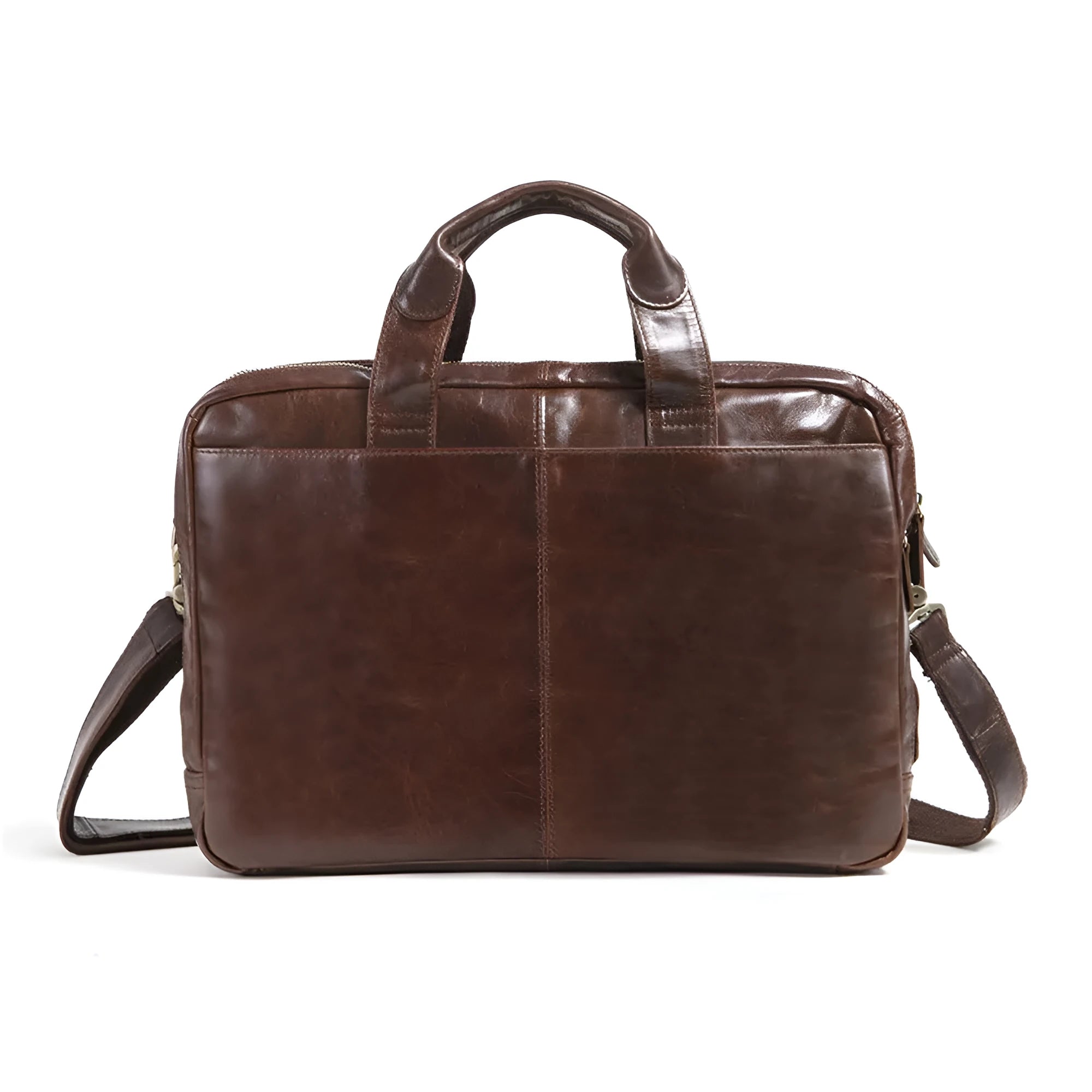 Brown leather men's business briefcase with laptop compartment showing cowhide texture