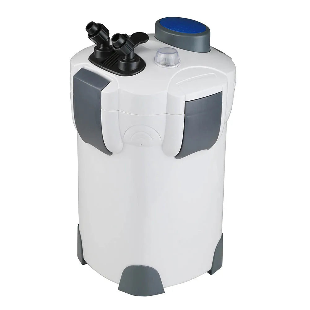 HW-304B external canister filter with UV lamp for aquarium water purification, black plastic and metal construction